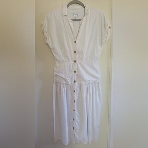 London Times White Linen Retro Drop Waist Button Front Peasant Midi Dress 4P